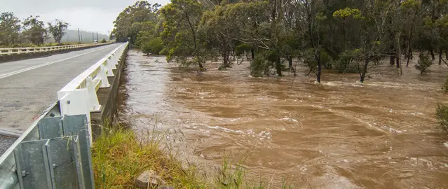 Flooded Apsley River after heavy rainfall close to Bicheno
