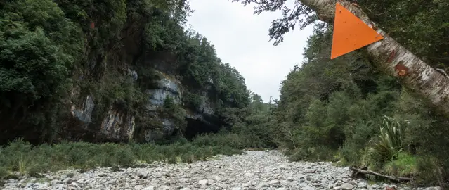 The Ballroom Overhang trail is well marked with orange triangles