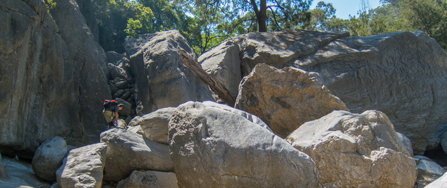 Climbing huge rocks in the Bungonia Creek 