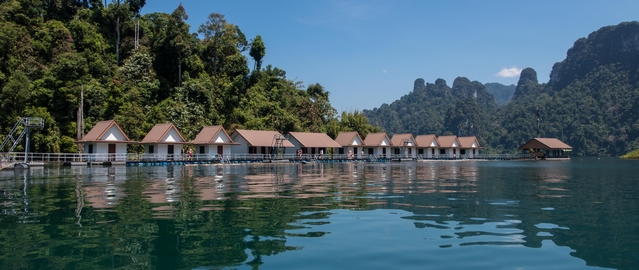 Floating raft houses are the only accommodations on the Cheow Lan Lake
