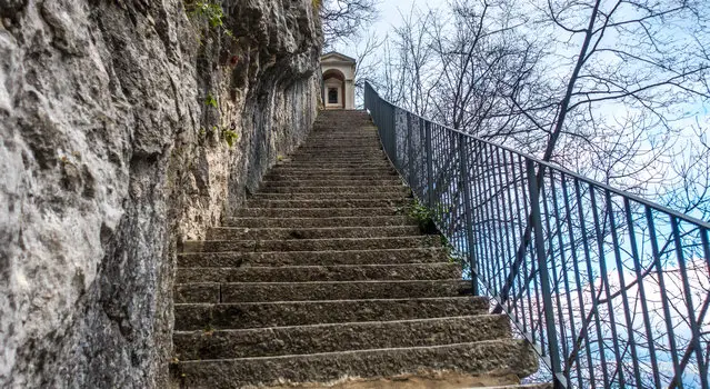 Steep steps along the stations of the cross to Madonna della Corona during winter