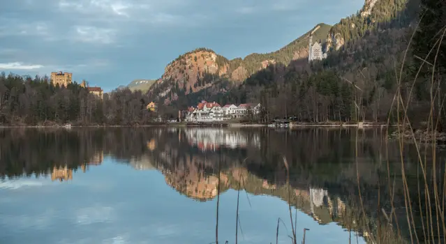 Lake Alpsee with view to Hohenschwangau and Neuschwanstein Castle