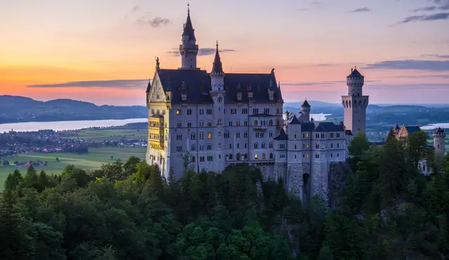 Neuschwanstein Castle at sunset in spring