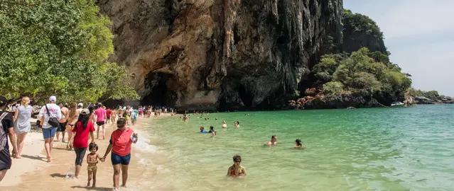 Masses of tourists at Ao Phra Nang Beach, Krabi