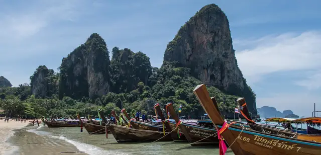 Longtail boats at Railay Beach, Krabi during the peak season