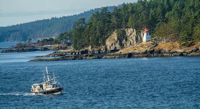 Spring at Vancouver Island - Landscape with fisher boat and lighthouse