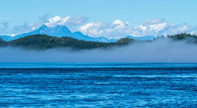 Vancouver Island in the early morning with mist on the surface of the sea