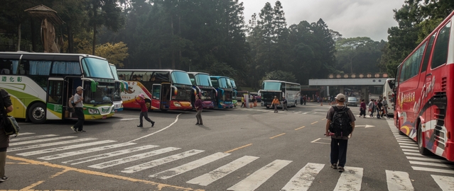 Lots of buses come to the Xitou Bamboo Forest each day