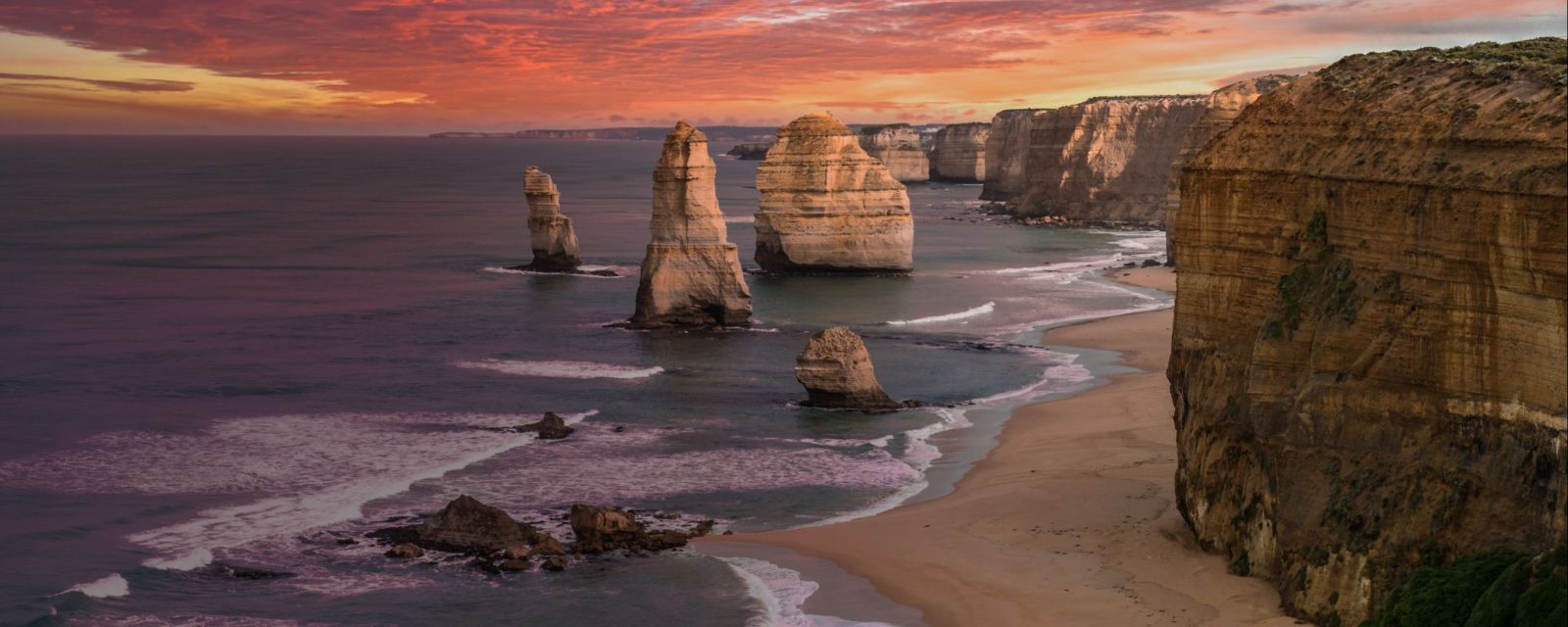 View to the 12 Apostles from the lookout at sunset