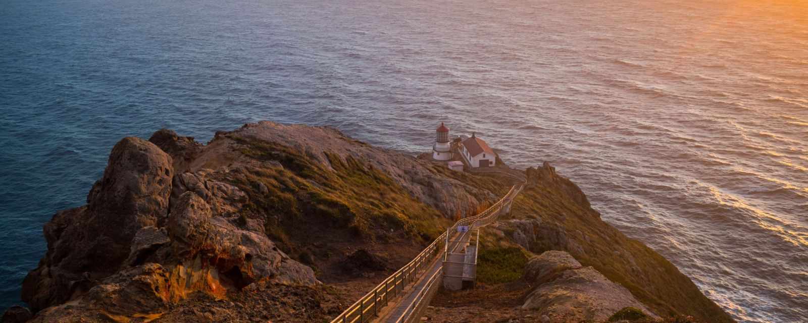 The Point Reyes Lighthouse at sunset.
