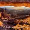 Mesa Arch and Moses and Zeus with snow in winter at sunrise