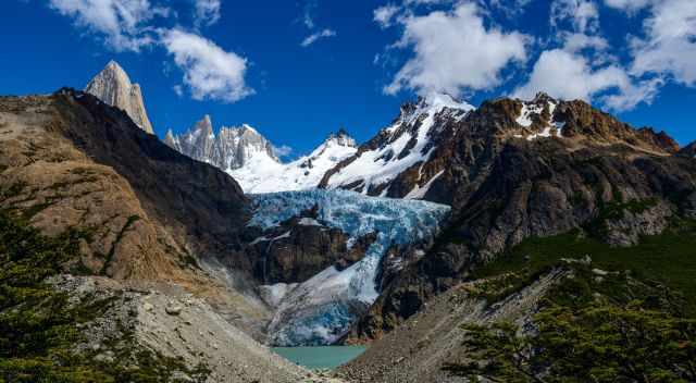 Mount Fitz Roy massive and the glacier and glacier lake in front