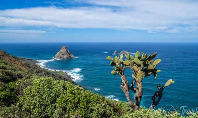 Roque de Anaga and the coastal hiking path in Anaga with blue sky