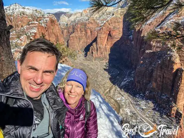 My husband and I on the top of Angels Landing in the snow.