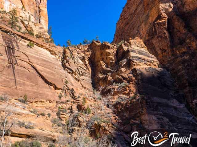 The first high wall where hikers ascent to Angels Landing.