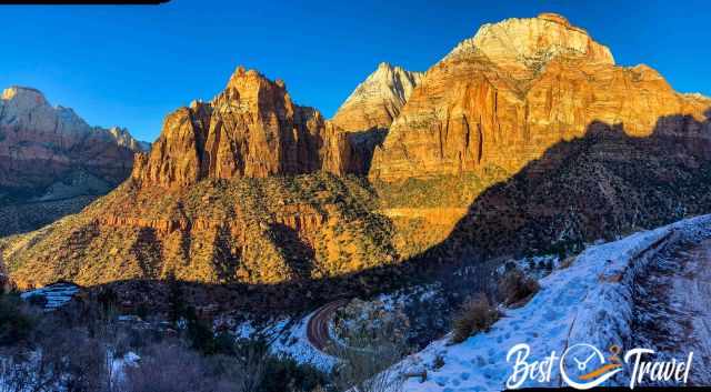 Panoramic view of Zion at higher elevation in winter.