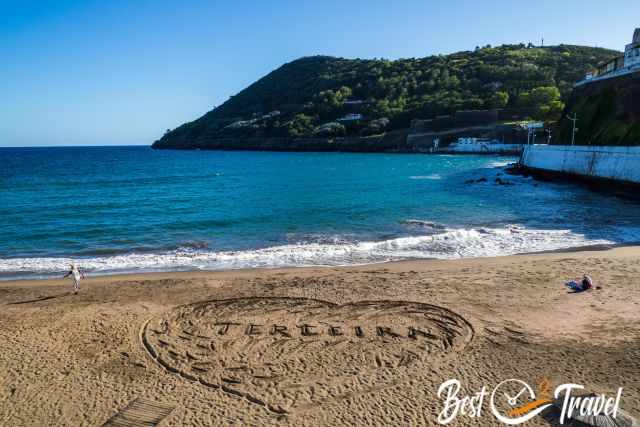 A heart and written is Terceira in the sand at Angra do Heroismo Beach.