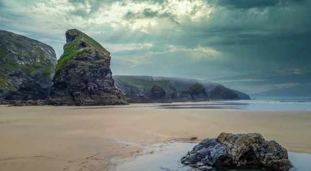 Bedruthan with a dramatic sky