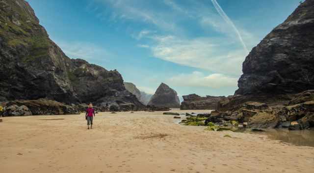 Me walking on Bedruthan Beach during low tide