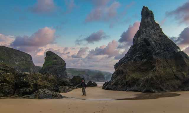 Bedruthan Beach and the stacks at low tide