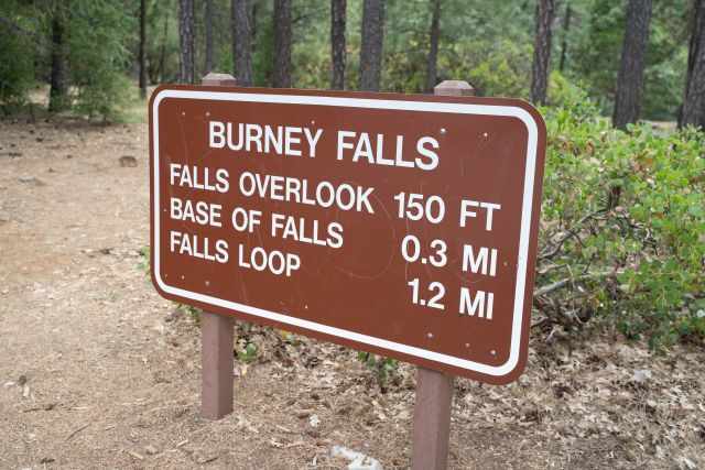 Hiking sign with distance to the overlook, base of the falls, and loop trail 