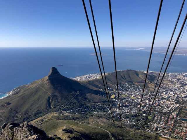The wires of the Table Mountain cable car with view to Cape Town and Lion's Head.