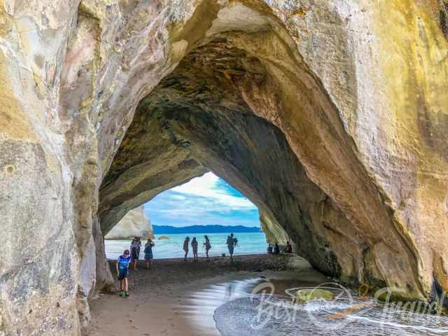 Cathedral Cove Arch and Beach at high tide.