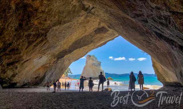 View to Cathedral Cove Beach from the arch at low tide