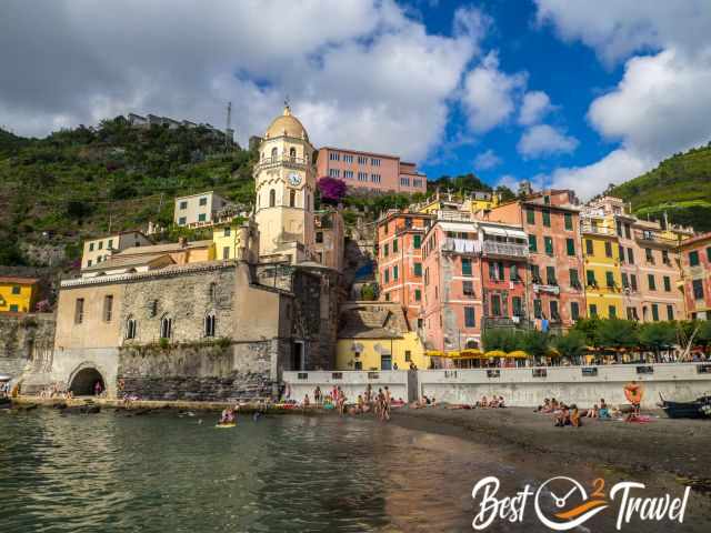 Visitors and swimmers at Vernazza Beach