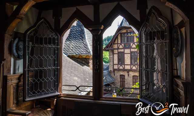 The view out of two windows in the castle