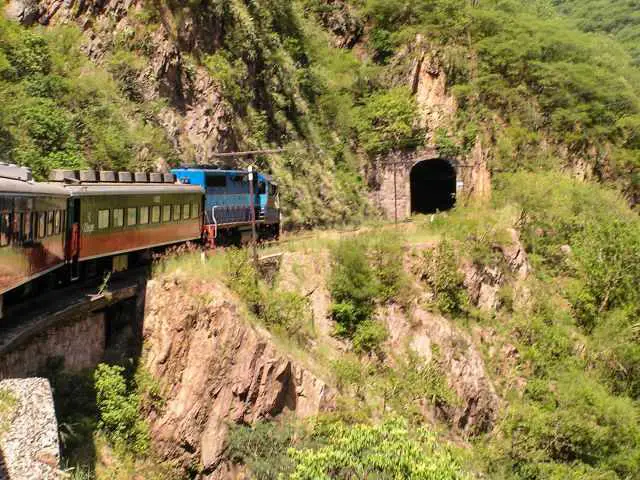 The train from Creel through wilderness in front of a tunnel