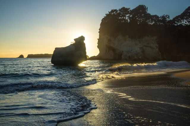 Sunrise at Cathedral Cove with Te Hoho Rock silhouetted against the golden light and waves reflecting on the beach.