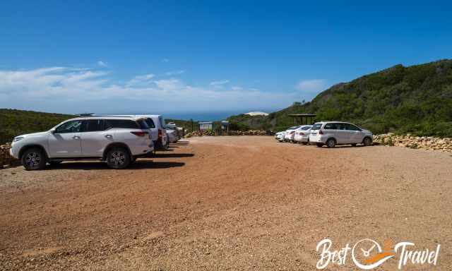 The parking on red gravel close to the ocean in De Hoop