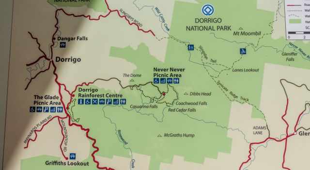 Hiking Trail Map for Never Never Picnic Area in Dorrigo
