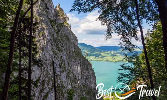 A view back to the via ferrata and the bridge on top with Mondsee in the back