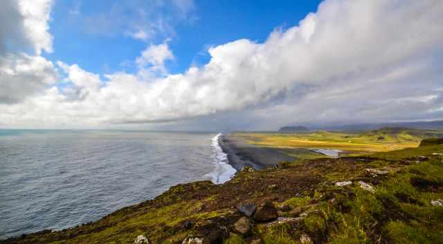 The black sandy beach view from the top of Dyrholaey 