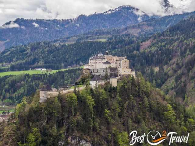 Burg Werfen towering on a hill.