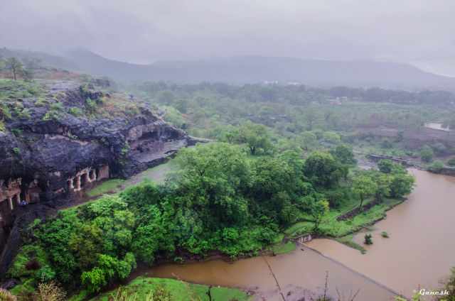 Ellora Caves view from higher elevations in the rainy season.