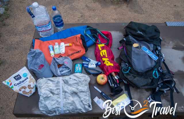 My essentials in my backpack for hiking the Grand Canyon