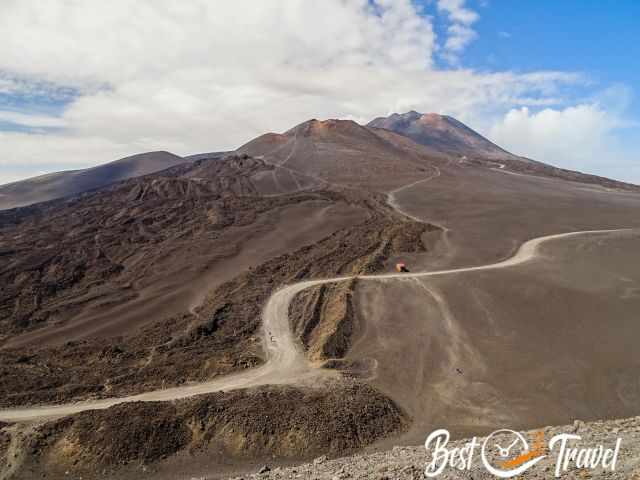 The dirt road which leads up to Etna with visitors on it.