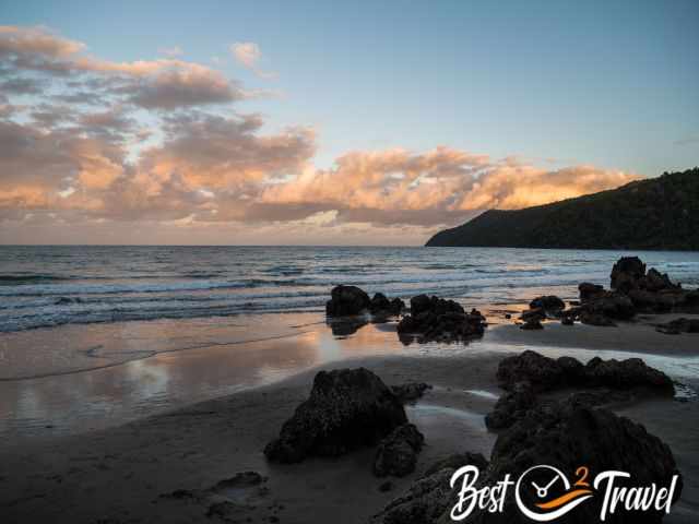 The beach in Etty Bay at low tide.