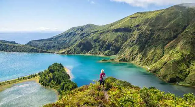 Fogo Lake with crystal clear water in blue emerald colours