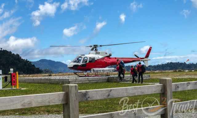 A helicopter gets prepared for the Heli Hike at Franz Josef