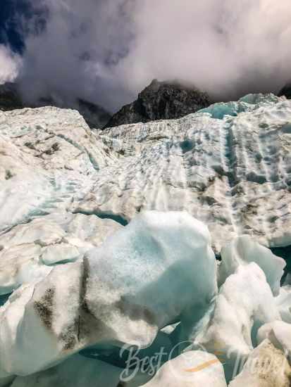 The white and blue snow and ice on top of Franz Josef