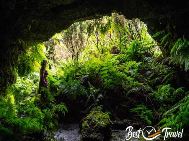 Picture out of the cave with a woman surrounded by lush vegetation.