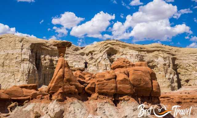 A hiker standing on a huge Toadstool Hoodoo