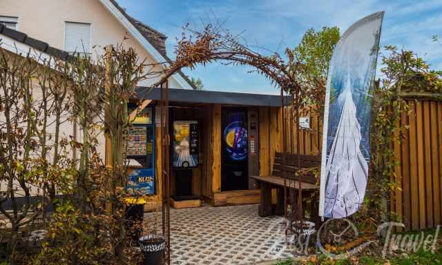 Vendor machines in private gardens offering beverages and snacks.