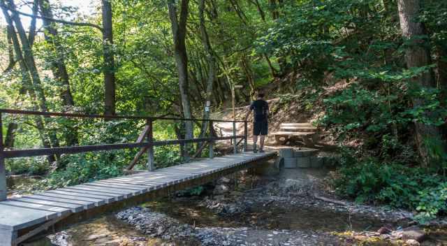 Passing a stream on a wooden bridge on the Geierlay Dream Loop