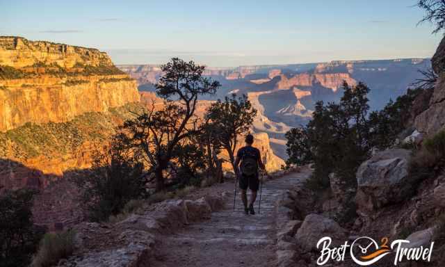 The sttep South Kaibab Trail in shade early morning