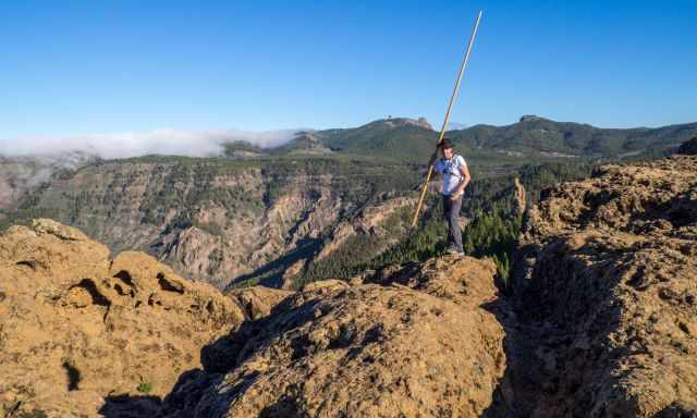 Guanche with garrote for sheperd jump in the mountains